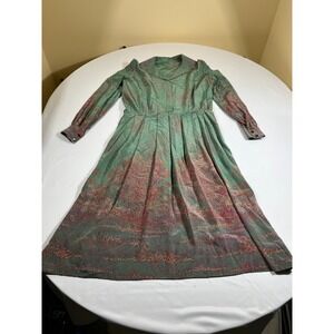 Vintage 70s Italian Como Silk Midi Dress Teal Whimsygoth Abstract Print Size L